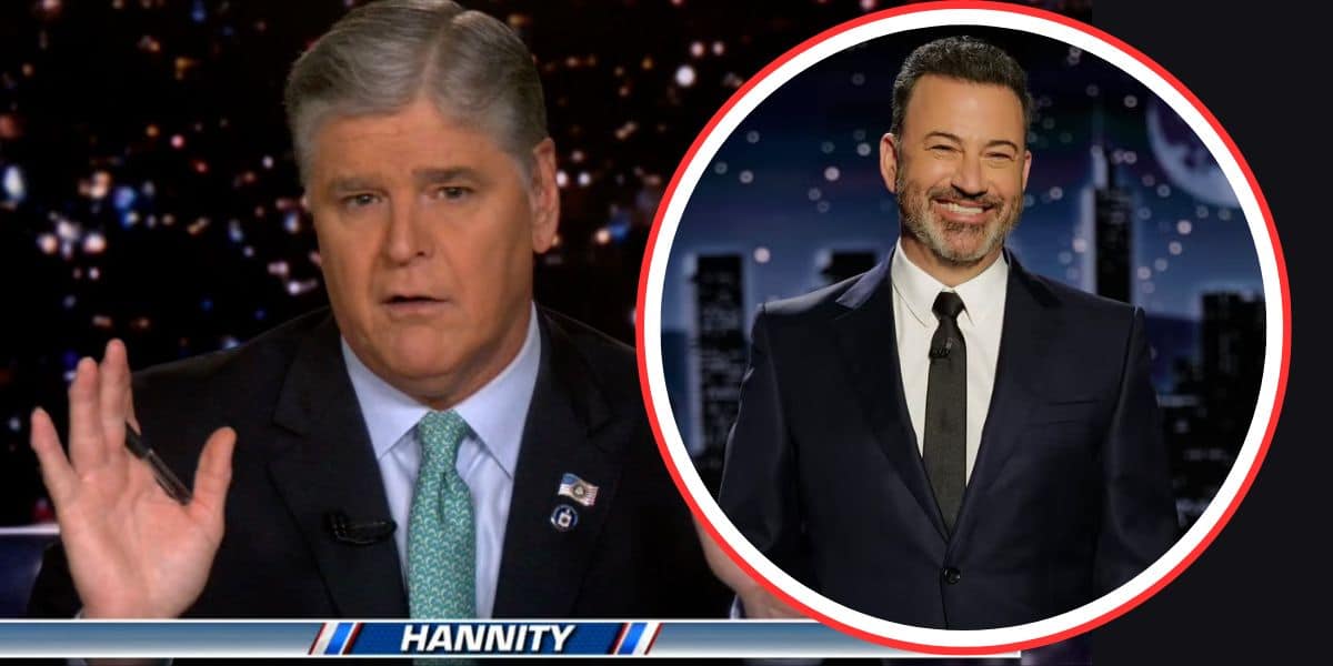 A TV frame shows a man in a suit speaking, labeled "Hannity" at the bottom. Overlaid is a circular image of another man in a suit, smiling, against a nighttime cityscape background.