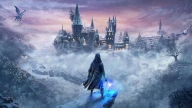 A cloaked figure stands on a snowy cliff in front of Hogwarts