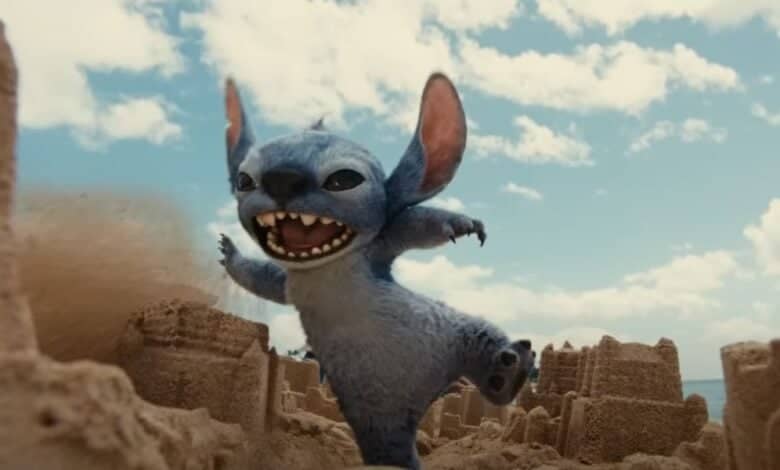 Stitch crashing into sand castles.