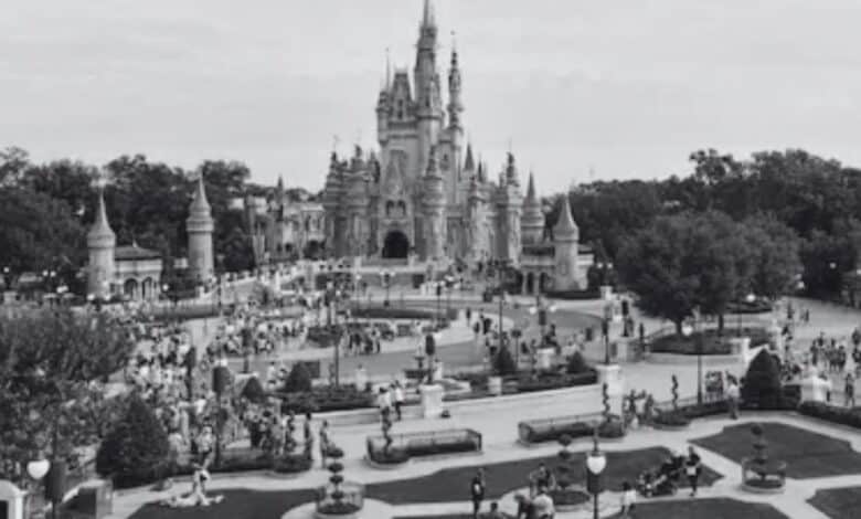 A black and white aerial view of Cinderella Castle at Magic Kingdom.