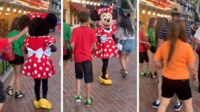 Three stills from a video of a young Disneyland Park guest assaulting Minnie Mouse.