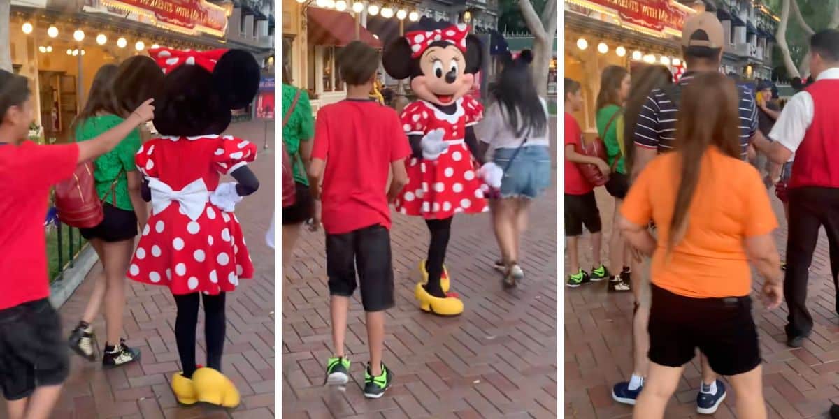 Three stills from a video of a young Disneyland Park guest assaulting Minnie Mouse.