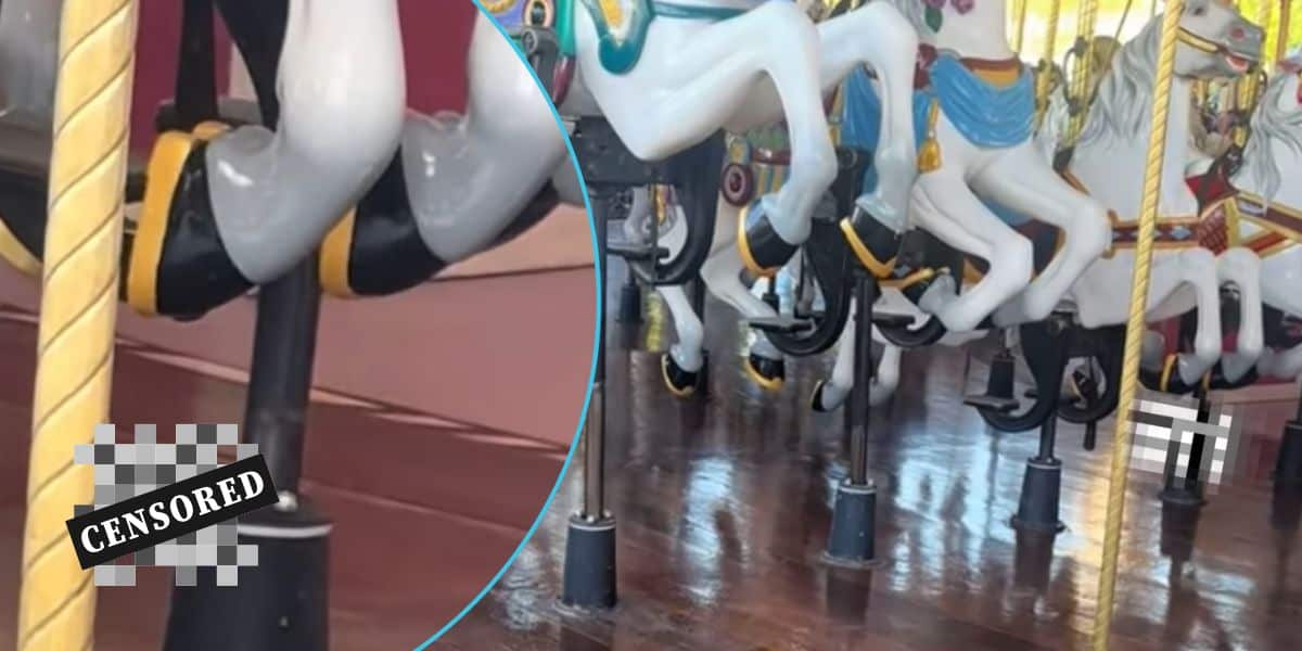Two screenshots from a video of poop (censored) on the Prince Charming Regal Carrousel at Walt Disney World Resort's Magic Kingdom Park.