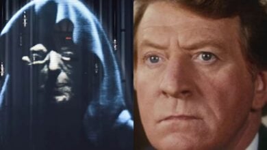 A split image shows a cloaked figure on the left and a man in a suit on the right. The cloaked figure is surrounded by darkness, while the man has a serious expression against a lighter background.