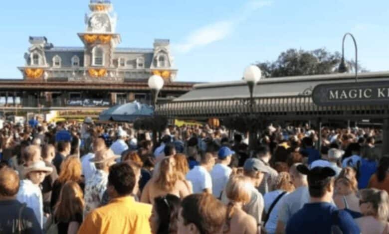 A large crowd of people wait in the security line at Walt Disney World Resort's Magic Kingdom Park