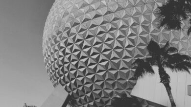 Black and white image of Spaceship Earth at EPCOT.