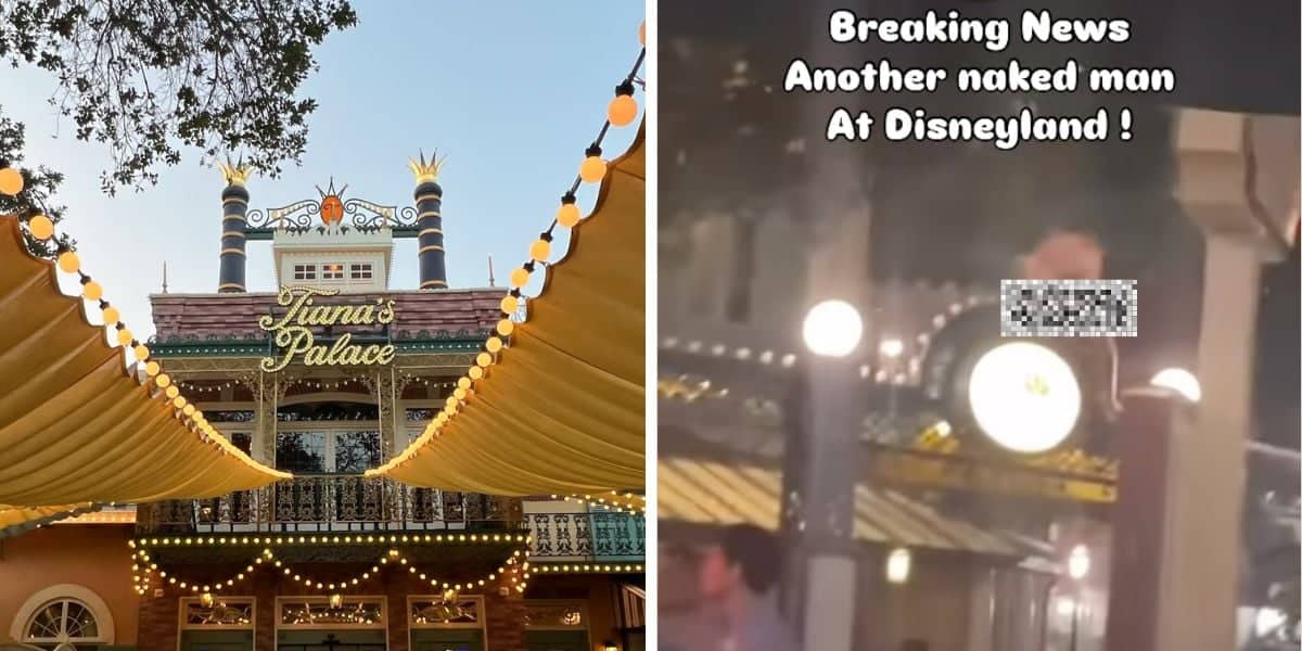 Split Image: (Left) Tiana's Palace Disneyland, (Right) Naked Man New Orleans Square