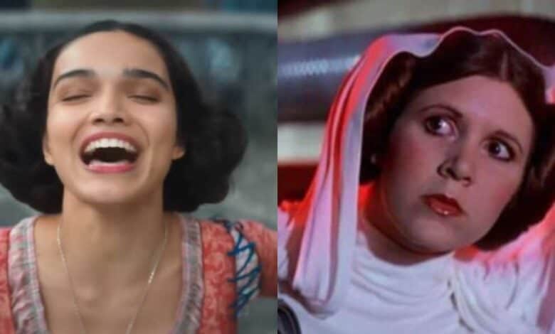 A split image shows two women: on the left, Rachel Zegler as Snow White; on the right, Carrie Fisher as Princess Leia in 'Star Wars'