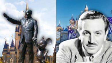 A composite image: on the left, a statue of a man with Mickey Mouse in front of a castle; on the right, a black-and-white portrait of Walt Disney with a mustache in front of a decorated castle. Both backgrounds feature blue sky and castle spires.