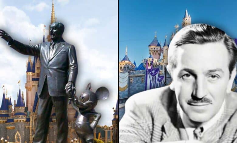 A composite image: on the left, a statue of a man with Mickey Mouse in front of a castle; on the right, a black-and-white portrait of Walt Disney with a mustache in front of a decorated castle. Both backgrounds feature blue sky and castle spires.