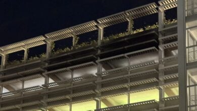 Smoke stains on the Pixar Pals Parking Structure after a fire at Disneyland Resort