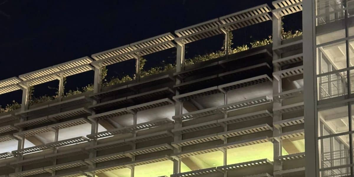 Smoke stains on the Pixar Pals Parking Structure after a fire at Disneyland Resort