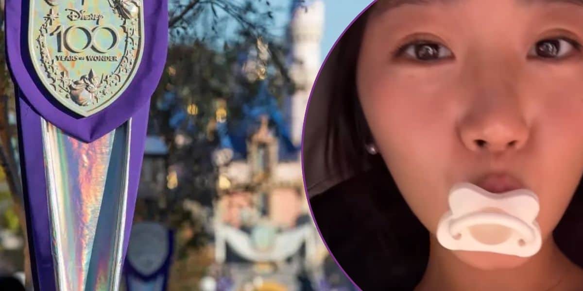 Left: Sleeping Beauty Castle at Disneyland Park. Right: A woman sneaking into Disney in a stroller.