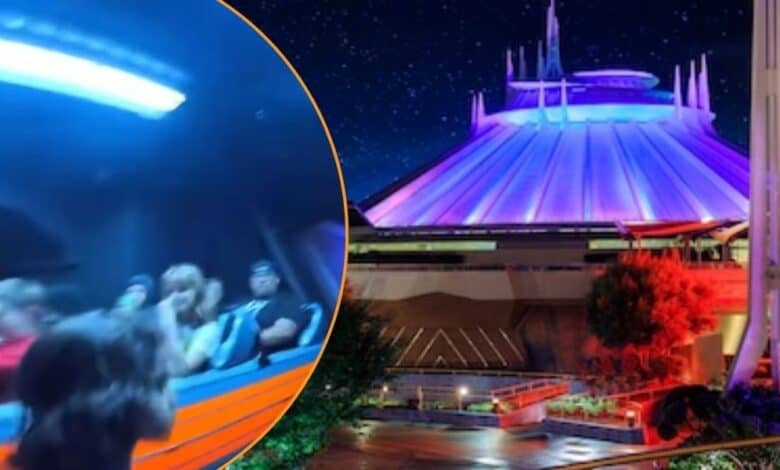 A split image showing a group of people evacuating Space Mountain and the exterior of the roller coaster at Disneyland.
