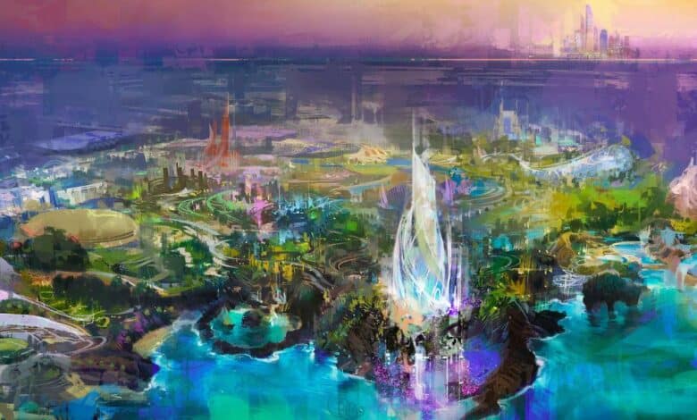 A vibrant, futuristic cityscape with glowing, tall crystalline structures, lush greenery, winding waterways, and colorful buildings under a dramatic, multicolored sky, evoking a fantasy or sci-fi atmosphere at this new Disney park.
