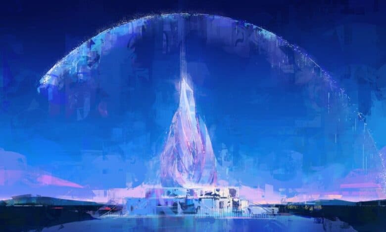 Futuristic glowing tower with a crystal-like structure stands at the center, surrounded by a curved, semi-transparent energy shield under a deep blue sky, reflecting vibrant blue and purple lights on the ground.
