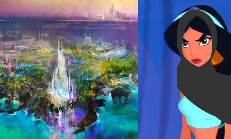 A digital artwork shows a colorful, futuristic city with a glowing central tower on the left, inspired by Disney Abu Dhabi, and a cartoon woman with long black hair, a blue headband, and a turquoise outfit looking serious on the right inside of Disneyland Abu Dhabi.