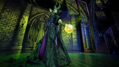 A performer dressed as Maleficent stands on stage in an elaborate green and black costume, holding a glowing orb, with a dramatic castle backdrop and green lighting.