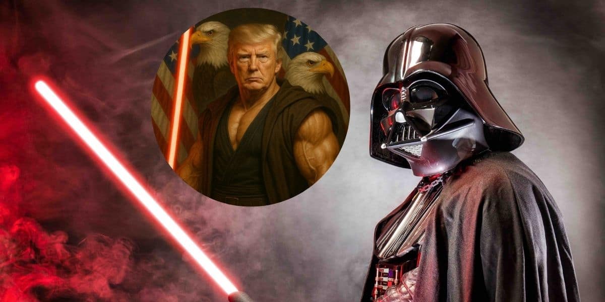 Darth Vader with a red lightsaber, and an inner image of Donald Trump