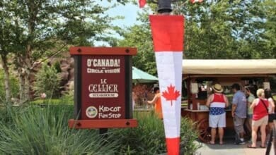 Canadians and other guests celebrating Canada Day at the EPCOT World Showcase Canada Pavilion at Walt Disney World Resort.