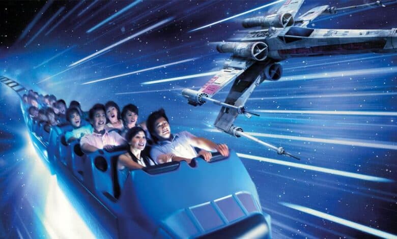 Guests ride Hyperspace Mountain