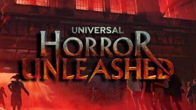 A group of shadowy figures flees from a large, ominous building shrouded in red light, with the words "Universal Horror Unleashed" in bold, dramatic letters over the scene, also coming to Universal Chicago in 2027.