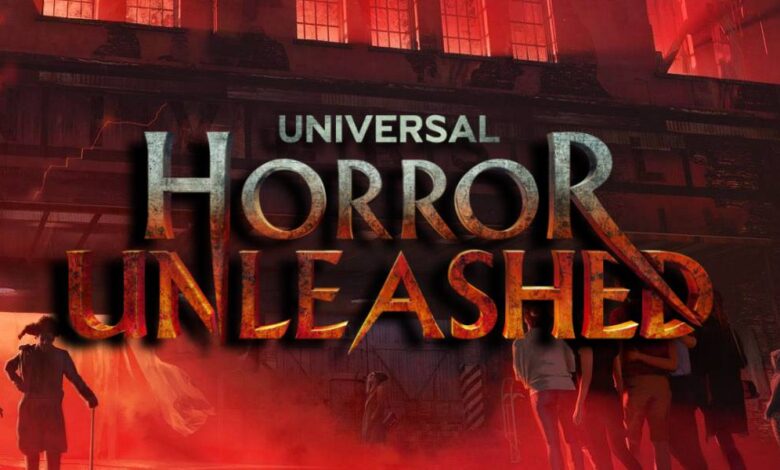 A group of shadowy figures flees from a large, ominous building shrouded in red light, with the words "Universal Horror Unleashed" in bold, dramatic letters over the scene, also coming to Universal Chicago in 2027.