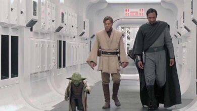 Obi-Wan Kenobi, Yoda, and Bail Organa walk down a bright white corridor.