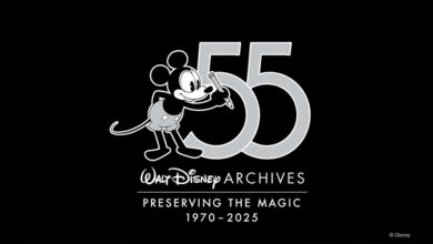 Mickey Mouse stands in front of a large "55" with text below reading "Walt Disney Archives: Preserving the Magic 1970-2025" on a black background.