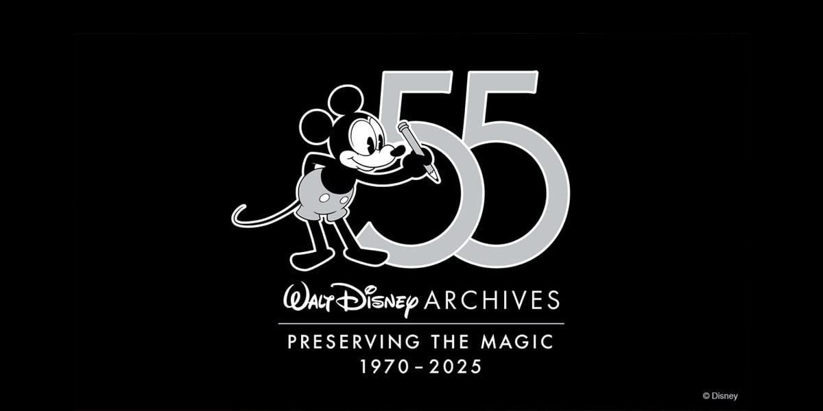 Mickey Mouse stands in front of a large "55" with text below reading "Walt Disney Archives: Preserving the Magic 1970-2025" on a black background.
