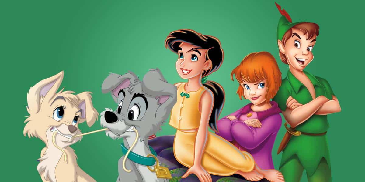 A group of Disney animated characters, including Lady, Tramp, Jasmine, Wendy, and Peter Pan, stand and sit together, smiling in front of a plain green background.