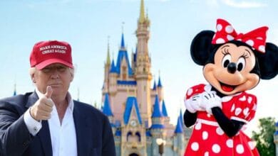 Donald Trump wears a MAGA hat with Minnie Mouse at Walt Disney World