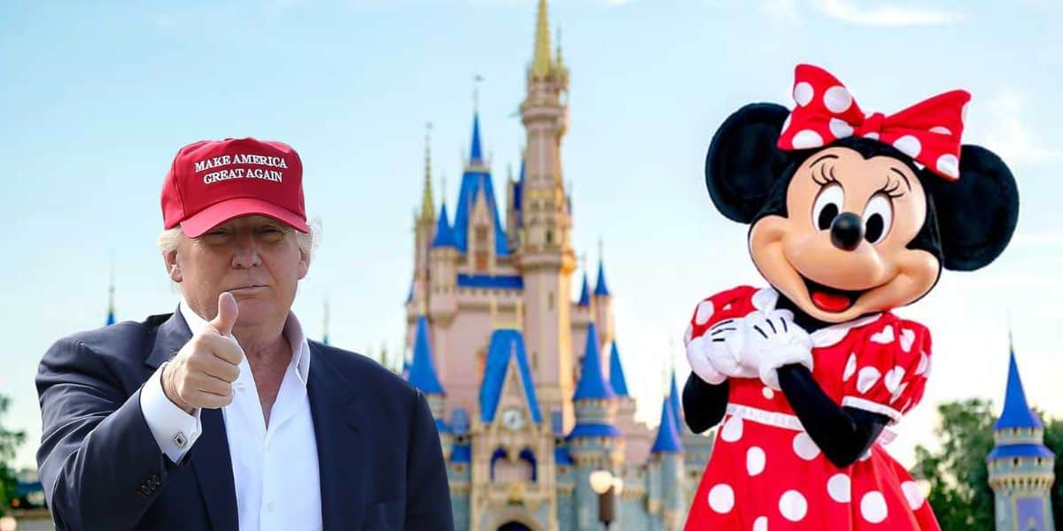 Donald Trump wears a MAGA hat with Minnie Mouse at Walt Disney World