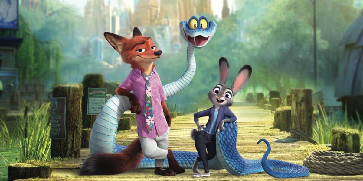 Nick Wilde, Judy Hopps, and Gary De'Snake in Zootopia 2