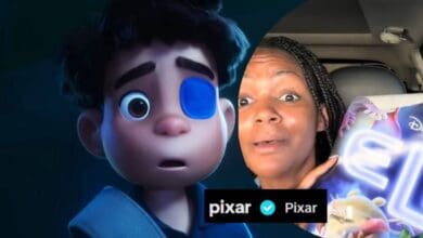 A split image shows a worried Elio on the left, a Tiktok creator holding a box with the Disney Pixar “Elio” logo—right as pixar calls out fans on TikTok.
