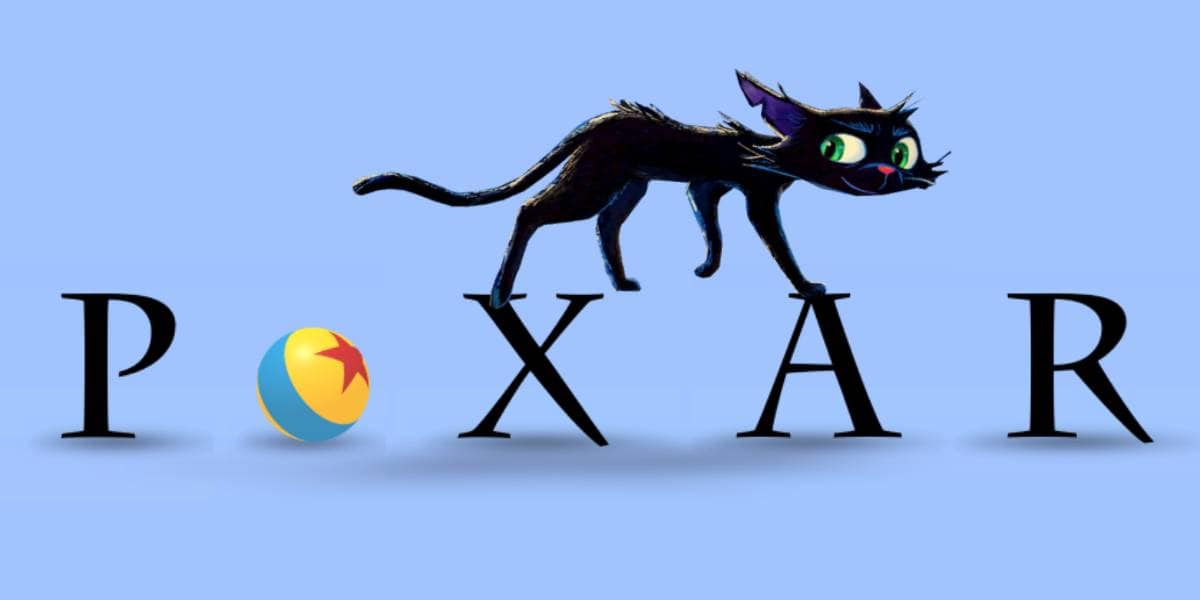 A black cartoon cat, inspired by Pixar’s new film “Gatto,” walks across the letters "P X A R" on a blue background, with the iconic Pixar Luxo Ball playfully replacing the letter "O" in the familiar logo style.