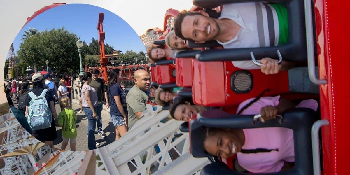 Incredicoaster at Disney California Adventure with an insert of the Lightning Lane Line