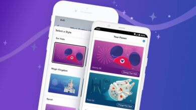 Two smartphones display the My Disney Experience app with digital park passes. One screen shows options like Mickey Mouse ear hats and Cinderella Castle; the other features a pass with the Millennium Falcon and fireworks on a purple background.