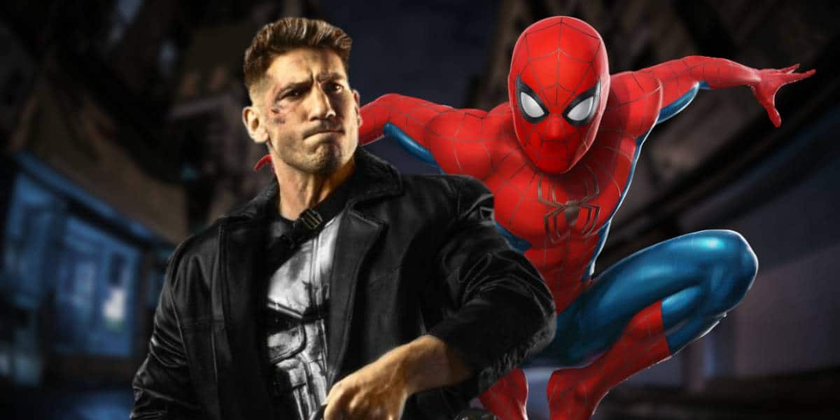 Punisher and Spider-Man, in a dimly lit urban alleyway at night.