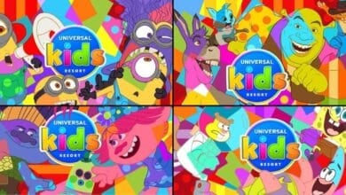 A colorful collage features animated characters from Universal Kids Resort, including Minions, a troll, a donkey, Shrek, and other vibrant cartoon figures on bright, geometric backgrounds at this new Universal resort.