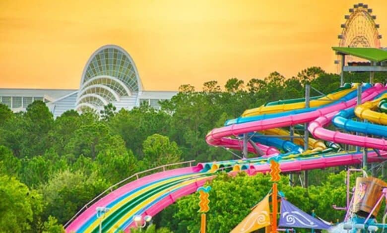 Water slides during sunset at Aquatica