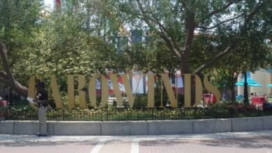 Large gold letters spelling "CAROWINDS" are displayed in front of trees and bushes at the entrance of an amusement park.
