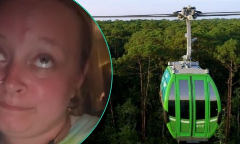 Left: A woman looks frustrated. Right: A green Disney Skyliner gondola in operation.