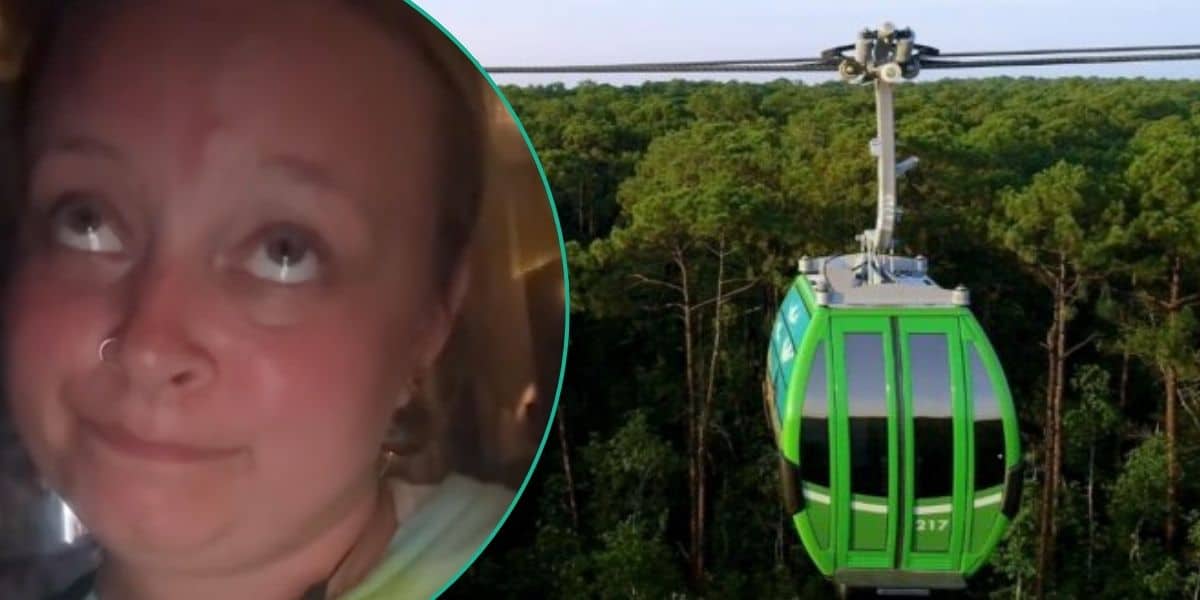 Left: A woman looks frustrated. Right: A green Disney Skyliner gondola in operation.