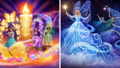 Colorful illustration split in two: left side shows Encanto characters with glowing butterflies, flowers, and a candle; right side shows Cinderella's Fairy Godmother casting magic near Cinderella and Prince Charming.