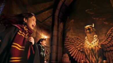 Two people in Harry Potter-themed robes excitedly look at a large golden griffin statue inside a castle-like, dimly lit room with stone walls and gothic arches.