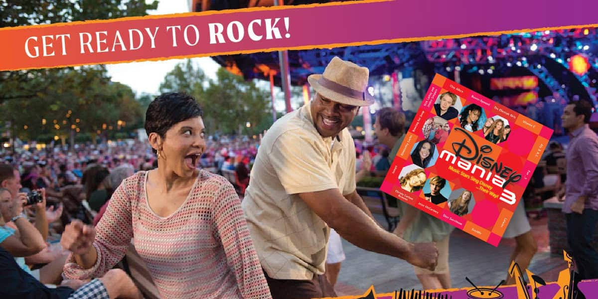 A smiling man and woman dance together outdoors at a lively concert, surrounded by a seated crowd. Overlay text reads "Get ready to rock!" and features a Disney Mania 3 album cover in the corner.