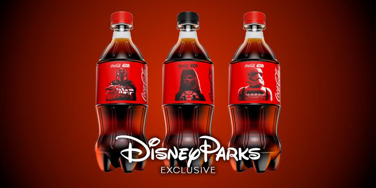 Three Coca-Cola bottles with exclusive Disney Parks Star Wars labels featuring characters: The Mandalorian, Darth Vader, and a Stormtrooper, on a red background with “Disney Parks Exclusive” text below.
