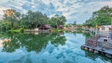 Tom Sawyer Island and Cinderella Castle as seen from Frontierland at the Magic Kingdom