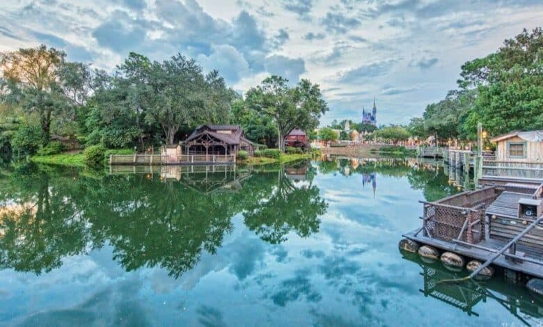 Tom Sawyer Island and Cinderella Castle as seen from Frontierland at the Magic Kingdom
